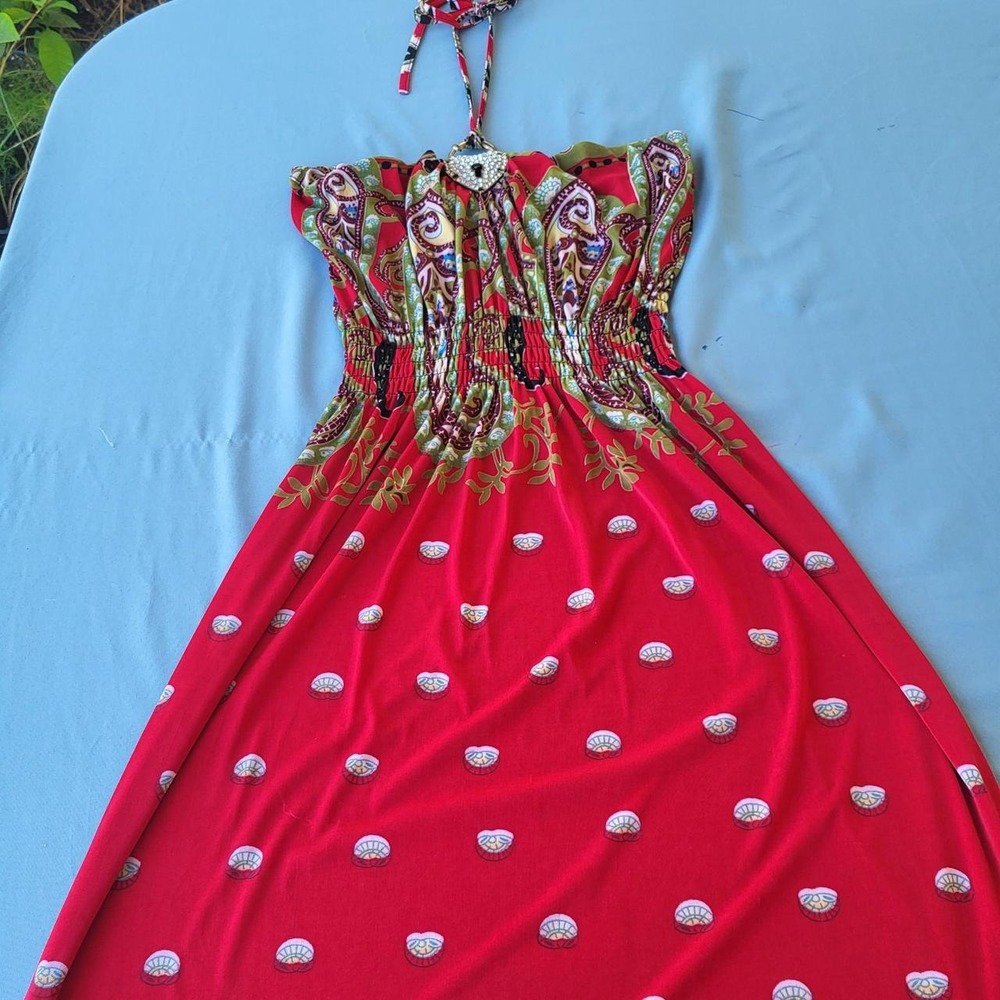 Vibrant Y2K Boho Paisley Heart Rhinestone Halter Smocked Maxi